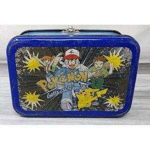 Vintage Nintendo Pokemon Storage Box Tin Mini Lunchbox Blue Empty Patina